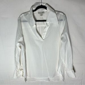 Rachel Zoe White Cotton Long Sleeve V Neck Collared Top L